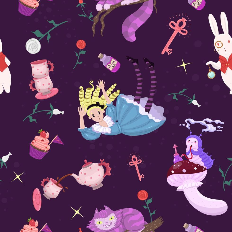 Alice in wonderland seamless pattern. Vector graphics.