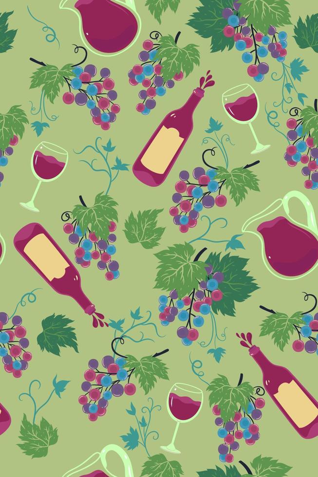 Seamless pattern with bunches of grapes and wine. Vector graphics.