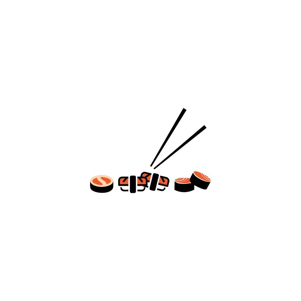 Sushi logo fish food japan restaurant. chopsticks holding sushi roll. flat style trend modern logotype design vector illustration.