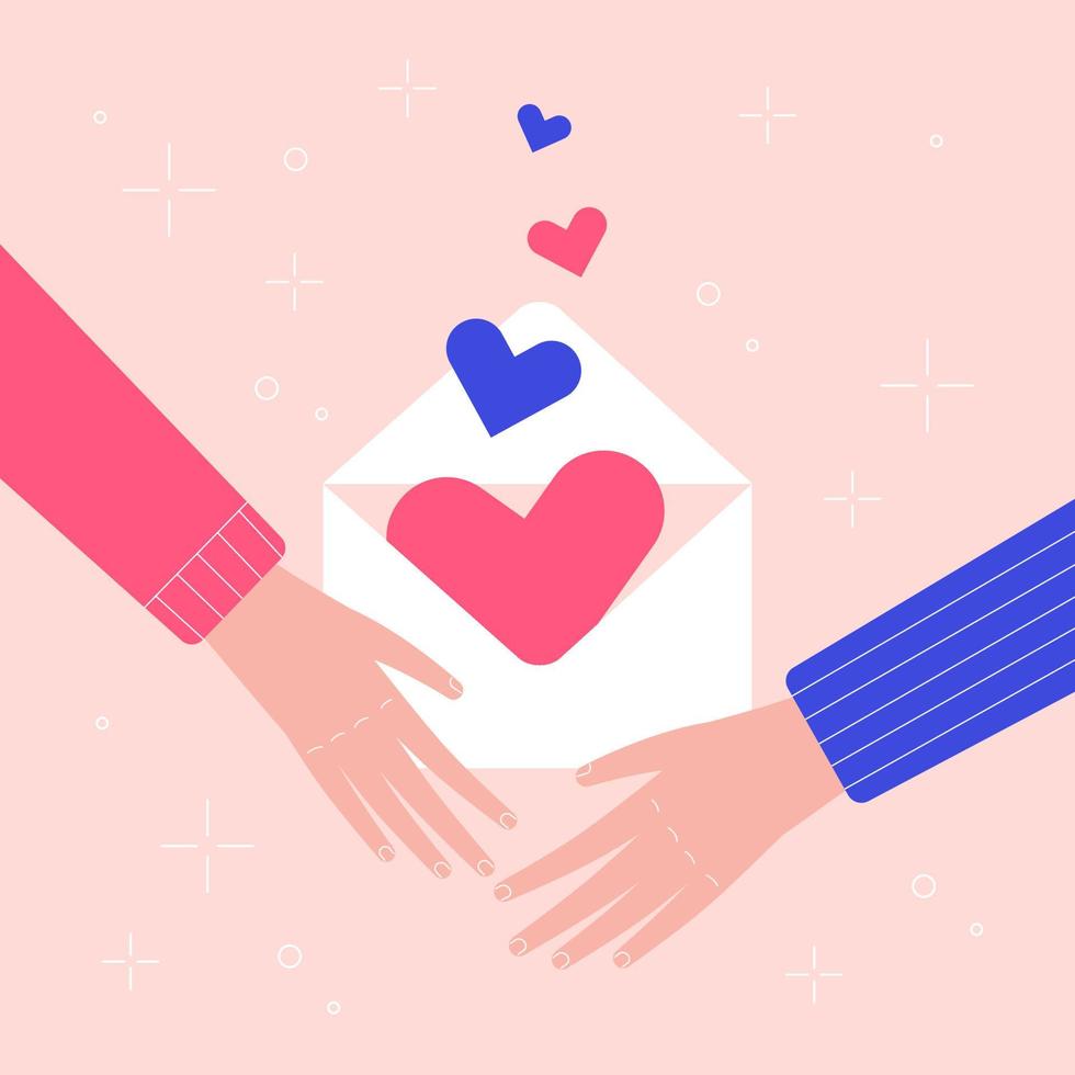 Female and male hand hold letter with flying hearts. Cute hand drawing postcard on a pink background. Vector illustration in cartoon style.