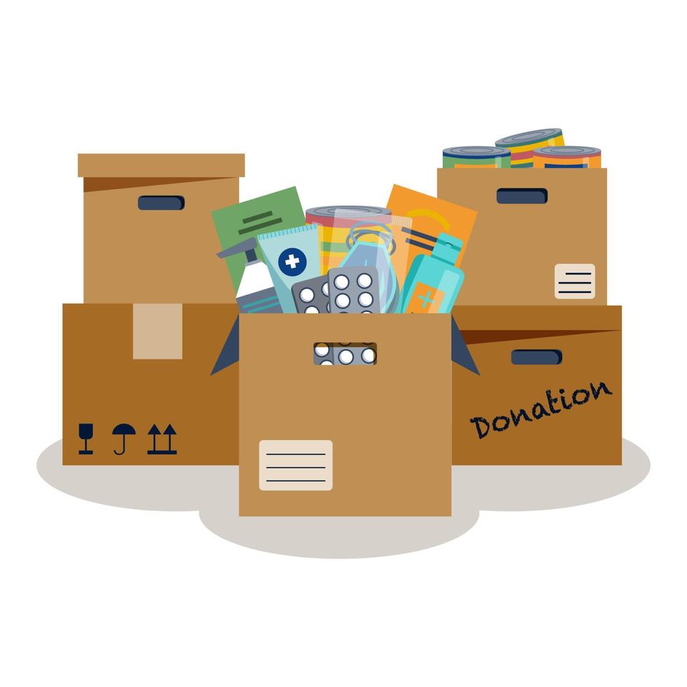 Donation boxes. Open cardboard box with food supplies, medicines, sanitizer, face masks. Humanitarian aid. Help for refugees. Charity. Vector illustration in flat cartoon style.