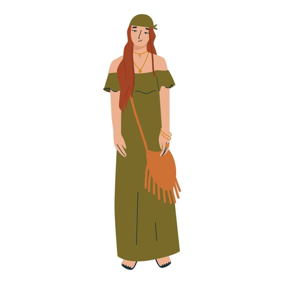 Boho style fashion outfit. Woman in boho outfit. Bohemian style. Flat vector illustration.