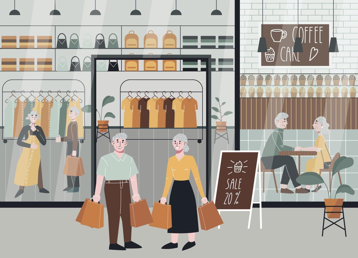 parejas de ancianos en el centro comercial. pareja de ancianos en la cafetería. ancianos comprando juntos, tienda de centro comercial y panadería. ilustración vectorial plana. vector