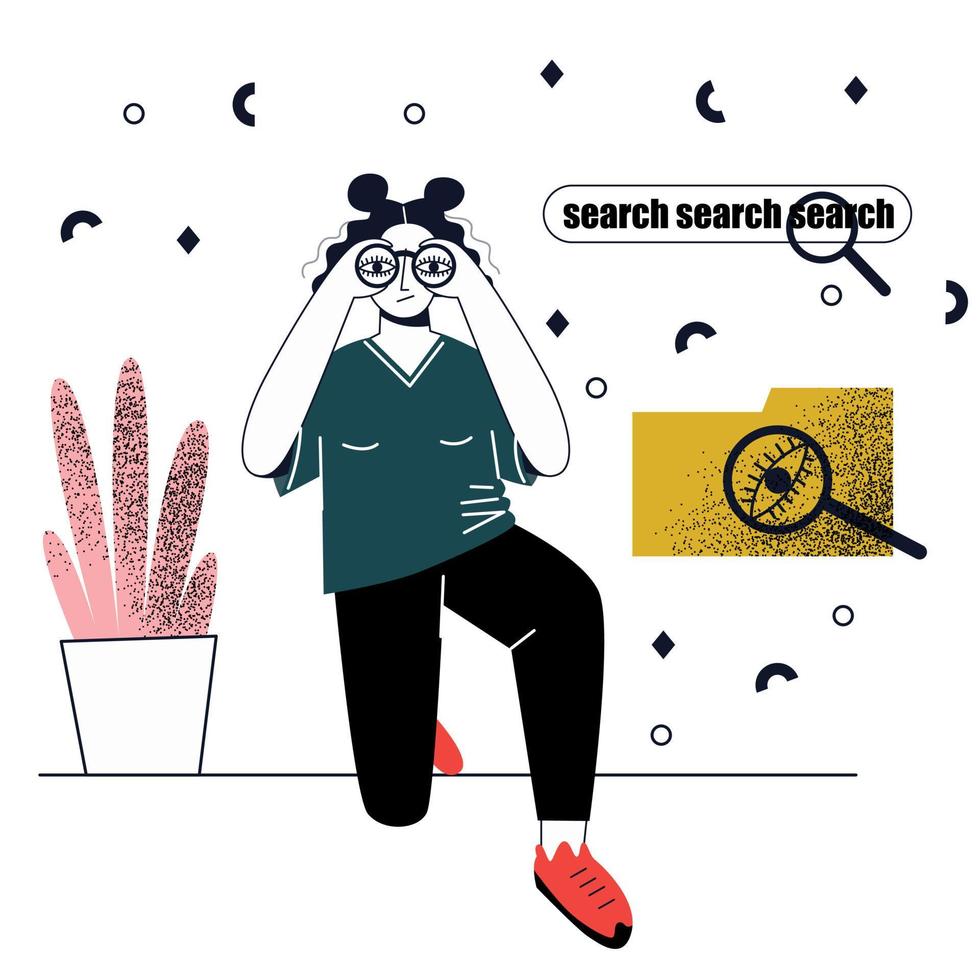 Woman looking througt binoculars. Search concept. Business metaphore for search or research, development, websurfing. Flat vector illustration.