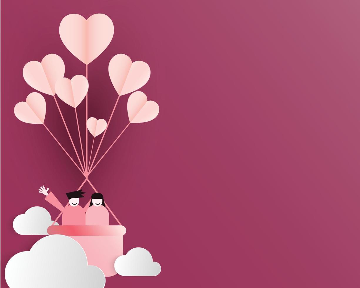 Young love valentines day card pink tone, heart balloon with cloud, paper cut style, vector illustration