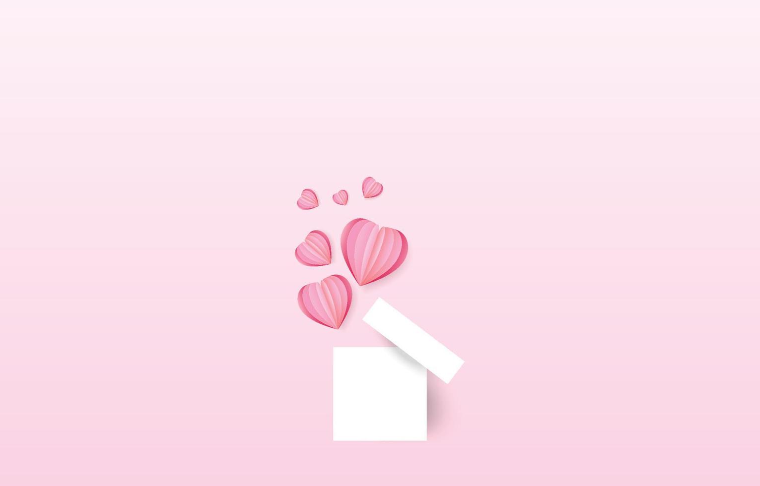 elementos cortados en papel en forma de corazón volando fuera de la caja abierta sobre fondo rosa y dulce. símbolos vectoriales de amor por el feliz día de San Valentín, diseño de tarjetas de felicitación de cumpleaños. vector