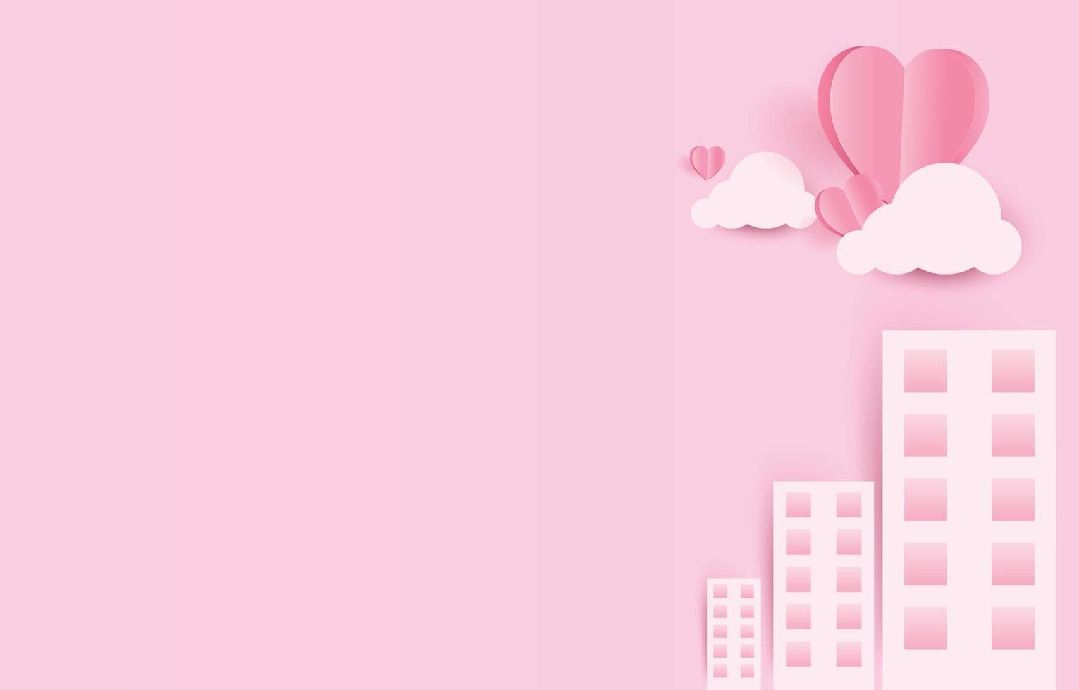 Paper cut elements in shape of heart flying with clouds and city on pink and sweet background. Vector symbols of love for Happy Valentine's Day, birthday greeting card design.