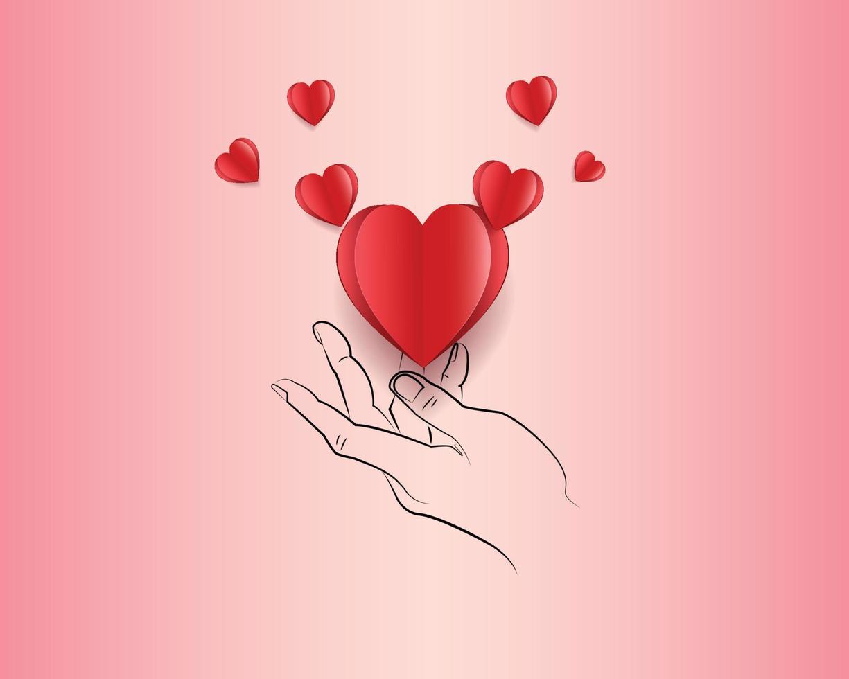 fondo de san valentín, contorno de mano y corte de papel en forma de corazón rojo, ilustración vectorial día de san valentín, día de la madre, concepto de amor y dar amor vector