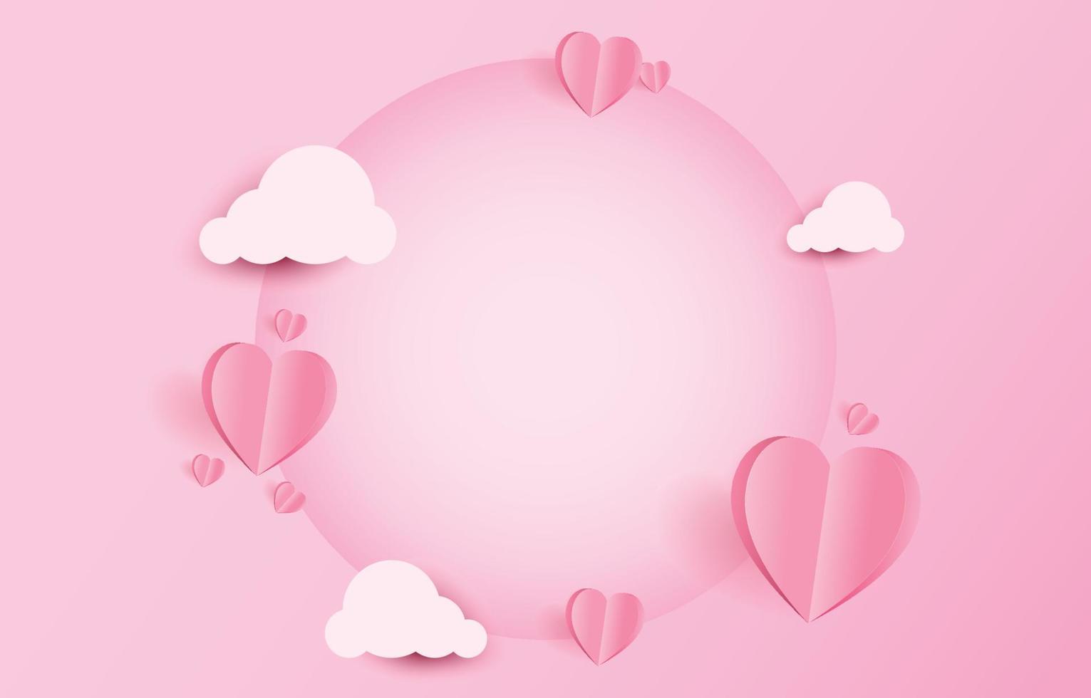 Paper cut elements in shape of heart flying and clouds on pink and sweet background with a blank circle frame. Vector symbols of love for Happy Valentine's Day, birthday greeting card design.