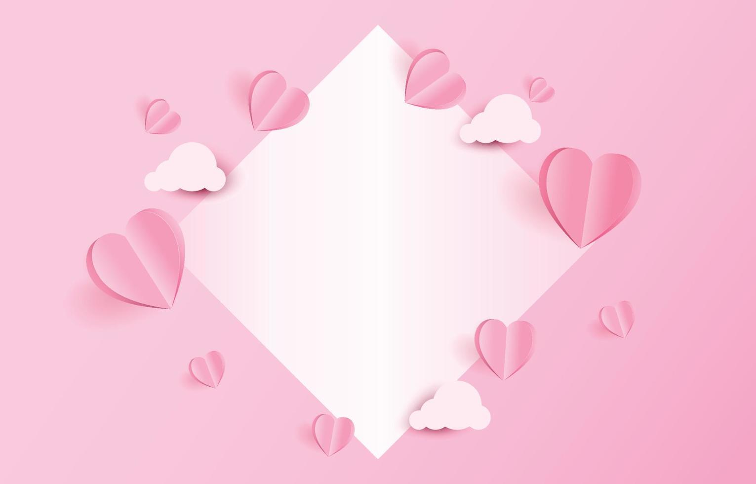 Paper cut elements in shape of heart flying and clouds on pink and sweet background with a blank rectangle. Vector symbols of love for Happy Valentine's Day, birthday greeting card design.
