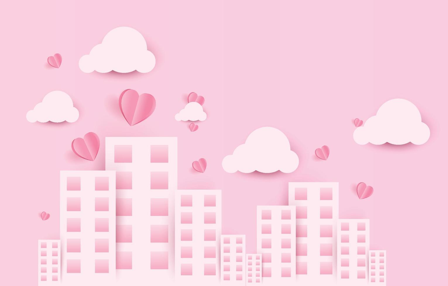 Paper cut elements in shape of heart flying with clouds and city on pink and sweet background. Vector symbols of love for Happy Valentine's Day, birthday greeting card design.