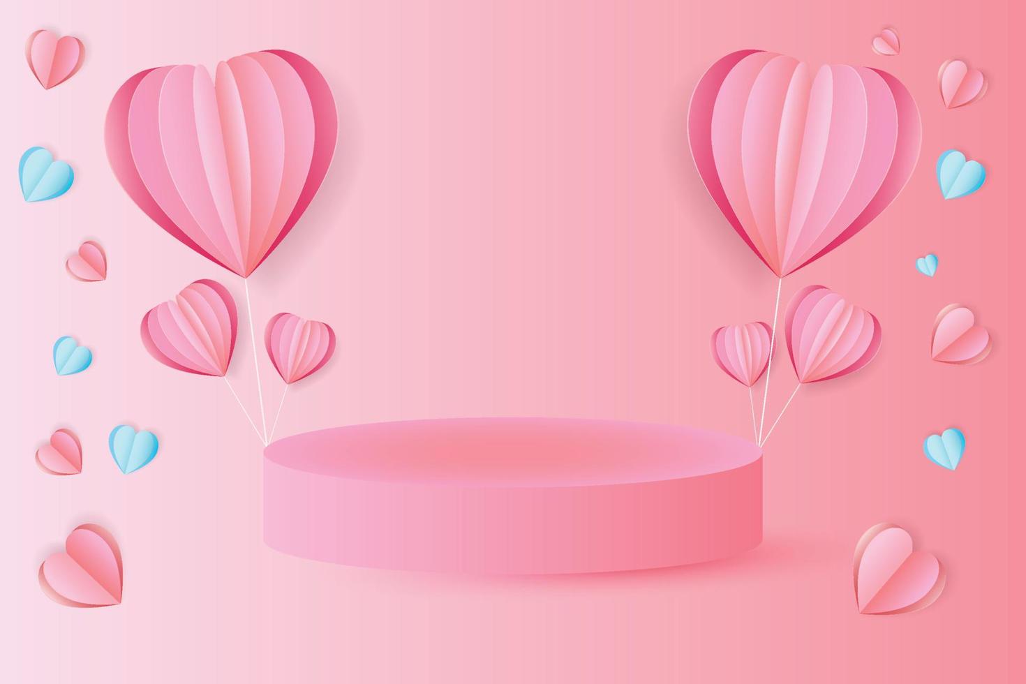 fondo del concepto del día de san valentín. ilustración vectorial dulces corazones cortados en papel rojo y rosa con pedestal redondo. linda pancarta de venta de amor o tarjeta de felicitación vector