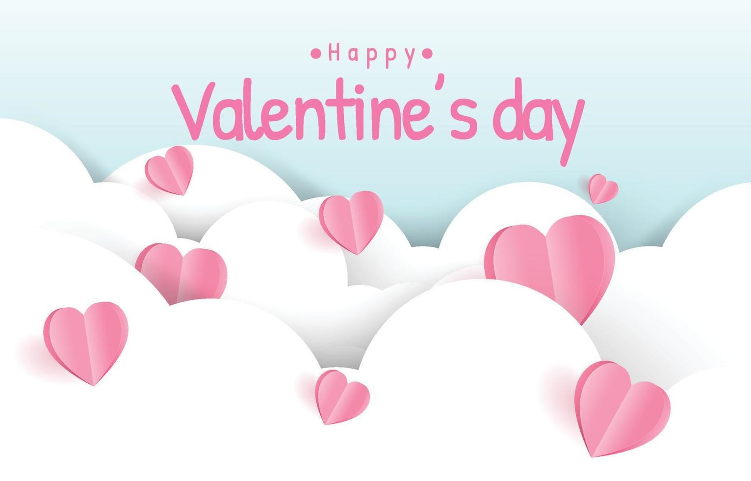 Paper cut elements in shape of heart flying on clouds. sky blue and sweet background. Vector symbols of love for Happy Valentine's Day,  greeting card design.