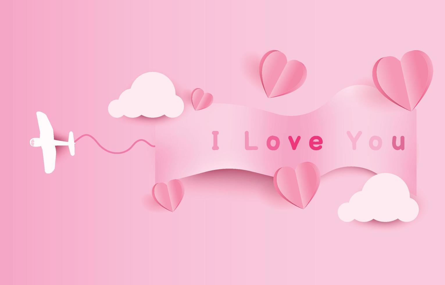 The plane is dragging the love sign and Paper cut elements heart flying with clouds on pink and sweet background. Vector symbols of love for Happy Valentine's Day, birthday greeting card design.