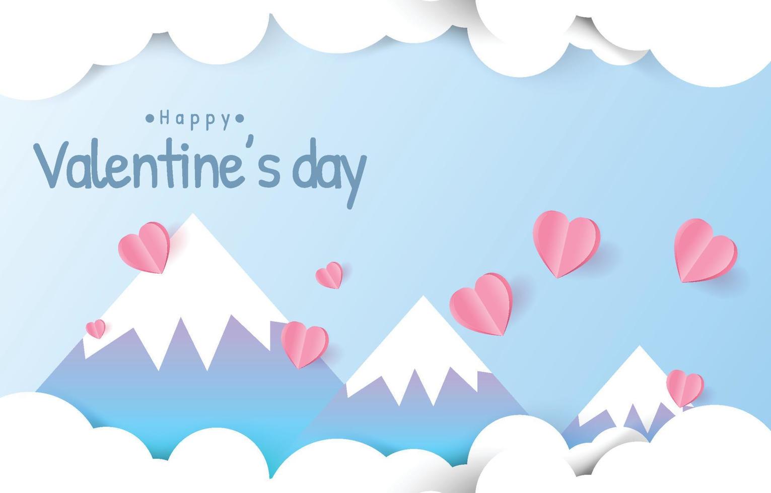 Paper cut elements in shape of heart flying on mountain  pink and sweet background. landscape with balloon Vector symbols of love for Happy Valentines Day, greeting card design.