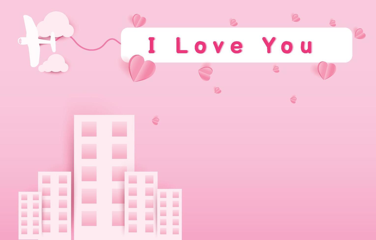 The plane is dragging the love sign and Paper cut elements heart flying with clouds on pink and sweet background. Vector symbols of love for Happy Valentine's Day, birthday greeting card design.