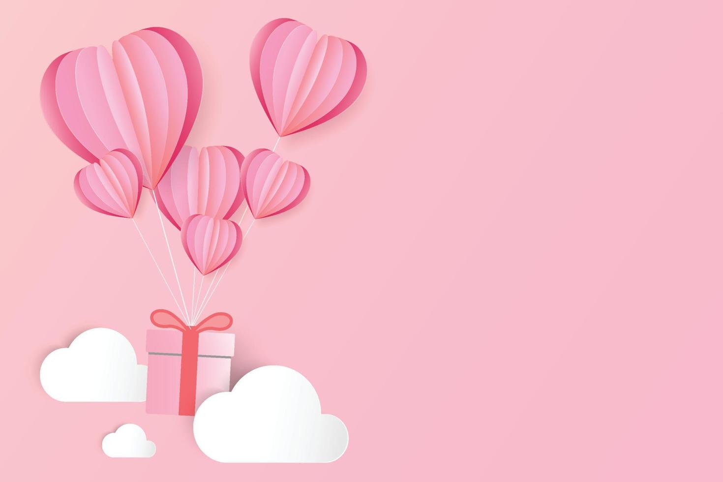 Heart balloons and gift boxes among the clouds, Valentine's Day background, love banner. Paper cut style, vector illustration