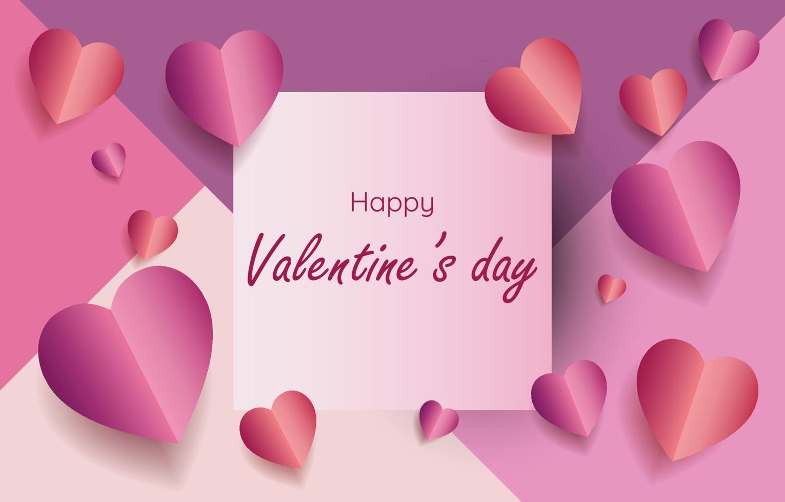 Paper cut elements in shape of heart with Square frame with a greetingon pink and sweet background. Vector symbols of love for Happy Valentine's Day, greeting card design.