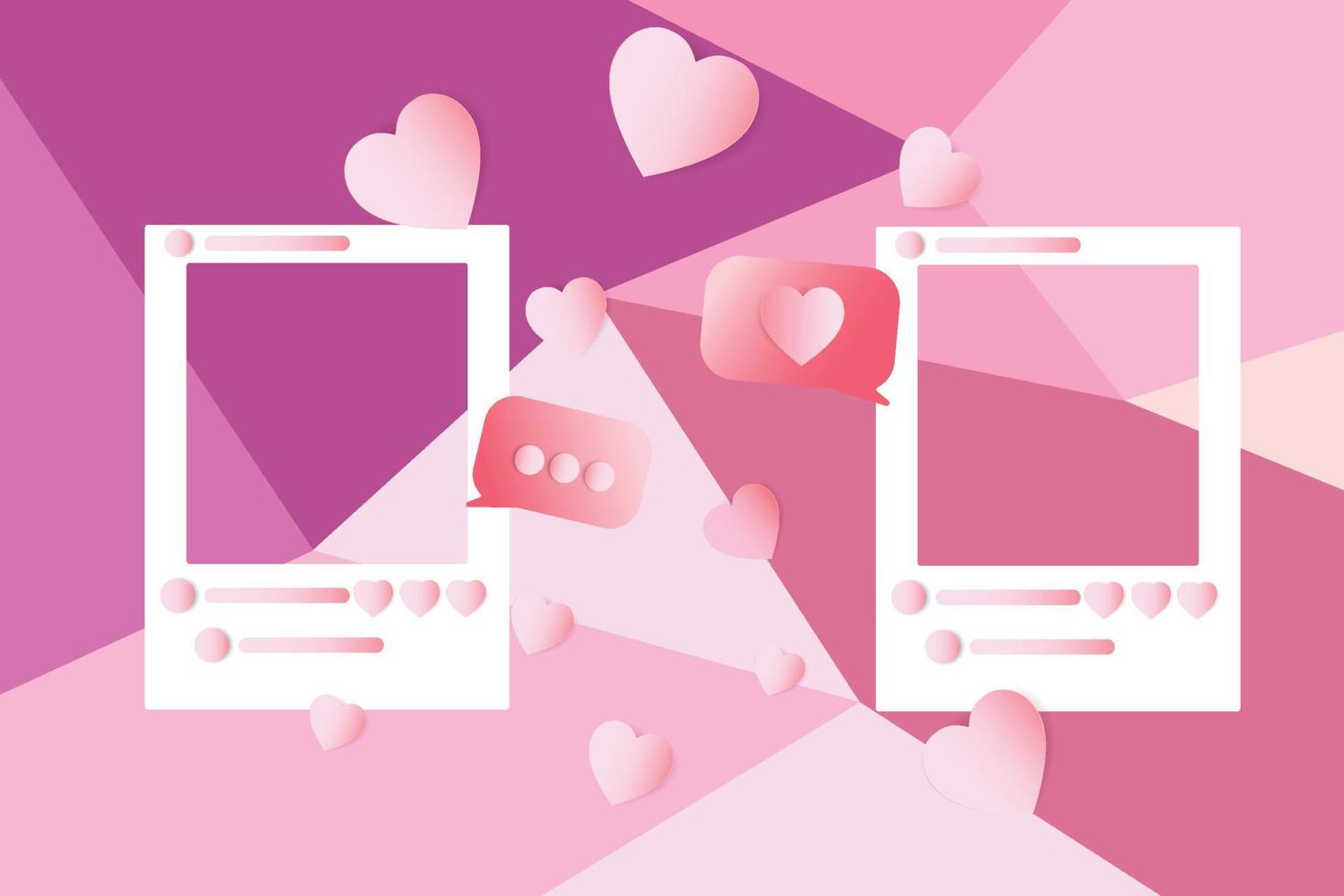 Two white social media photo frames with pink paper hearts, concept for sending love over the phone, frame for valentine's day with polygon background, vector illustration.