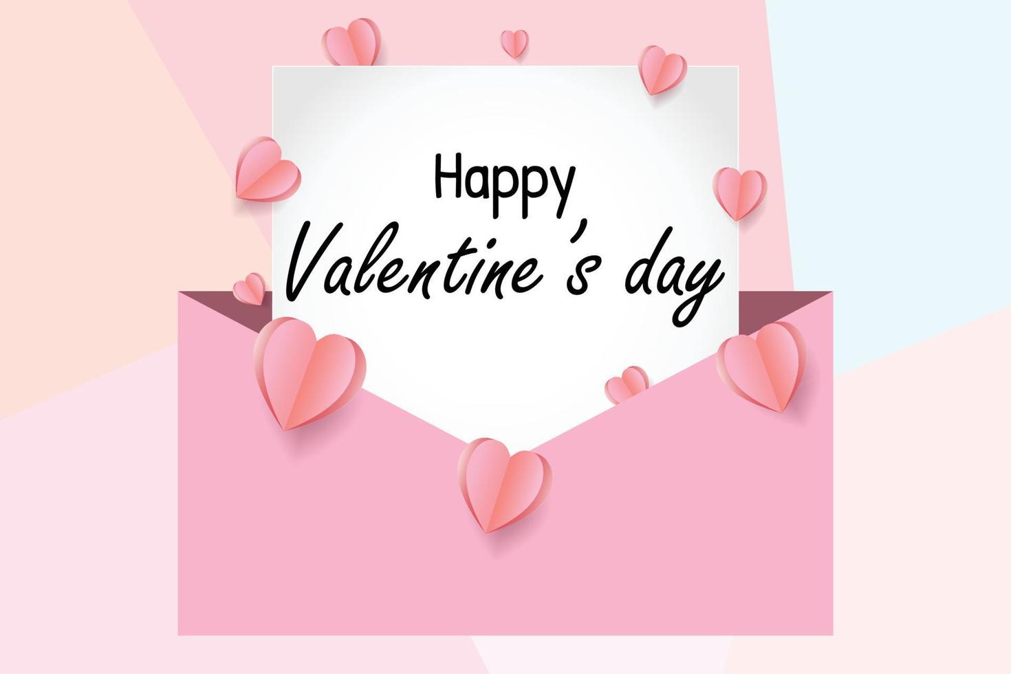 Valentines day card decorated with red heart-shaped paper cut and letter, illustration for valentine's day or love day, vector envelope