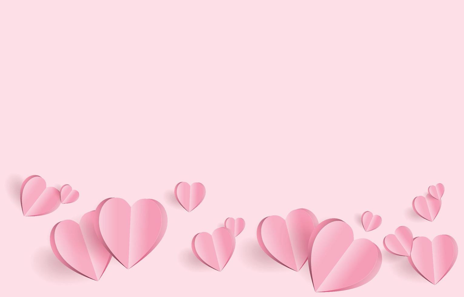 Paper cut elements in shape of heart flying on pink and sweet background. Vector symbols of love for Happy Valentine's Day, birthday greeting card design.