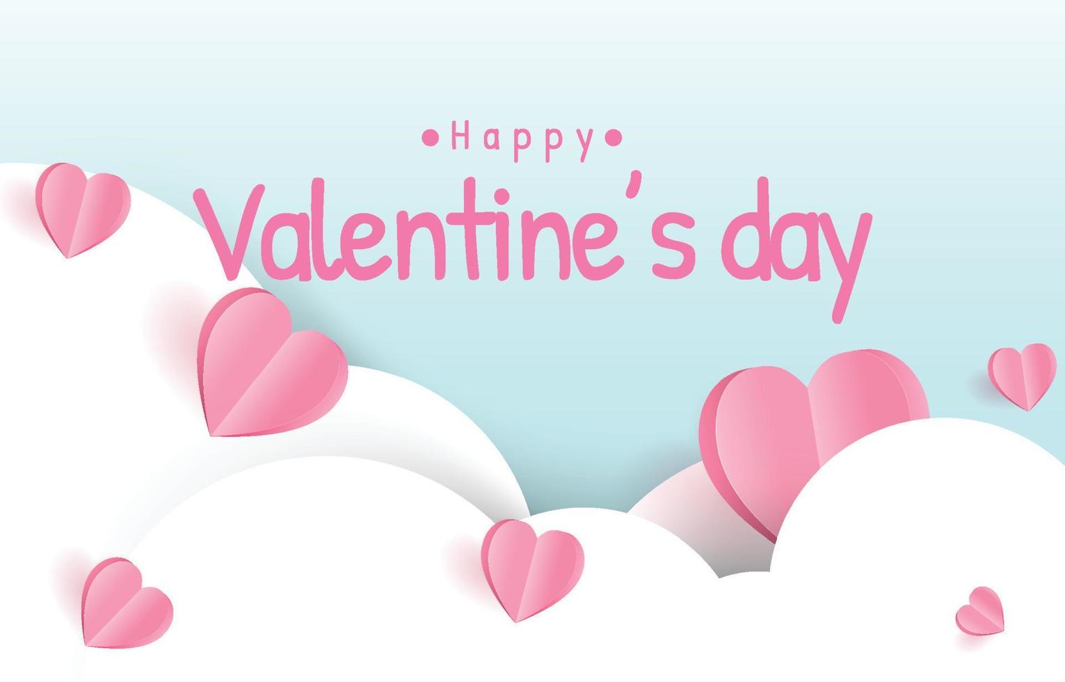 Paper cut elements in shape of heart flying on clouds. sky blue and sweet background. Vector symbols of love for Happy Valentine's Day,  greeting card design.