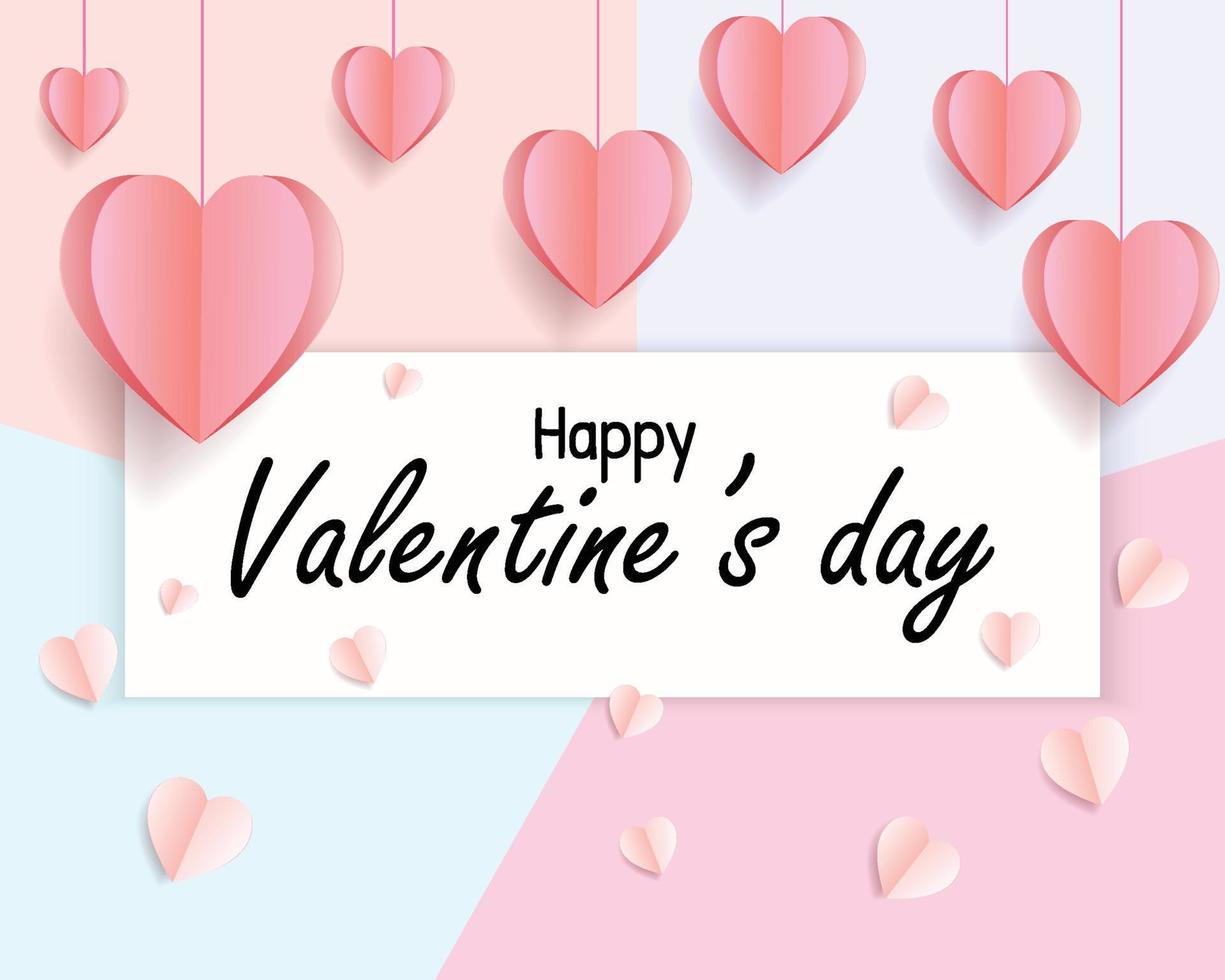 Happy valentines day, pink heart shaped paper cut background with square frame and textures, valentines day illustration or love day vector greeting card
