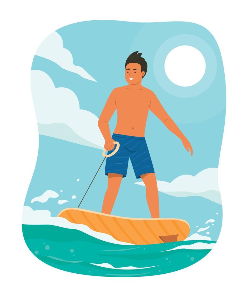 hombre jugando tabla de surf eléctrica en el mar en temporada de verano. vector