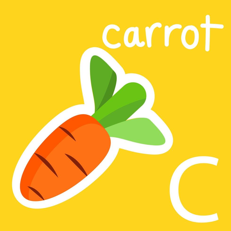 ilustración del alfabeto, una letra c blanca y una zanahoria naranja. estilo de vector de dibujos animados para su diseño.