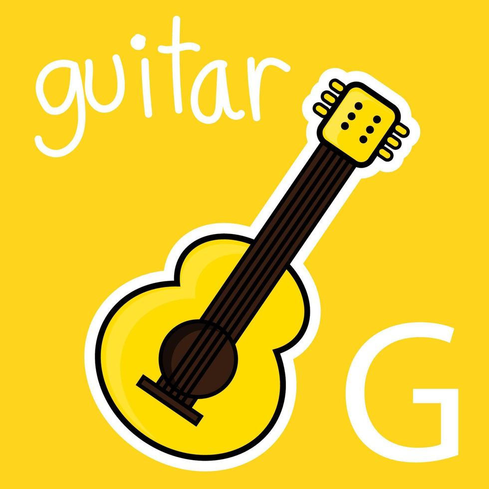 ilustración del alfabeto, una letra g blanca y una guitarra amarilla. estilo de vector de dibujos animados para su diseño.