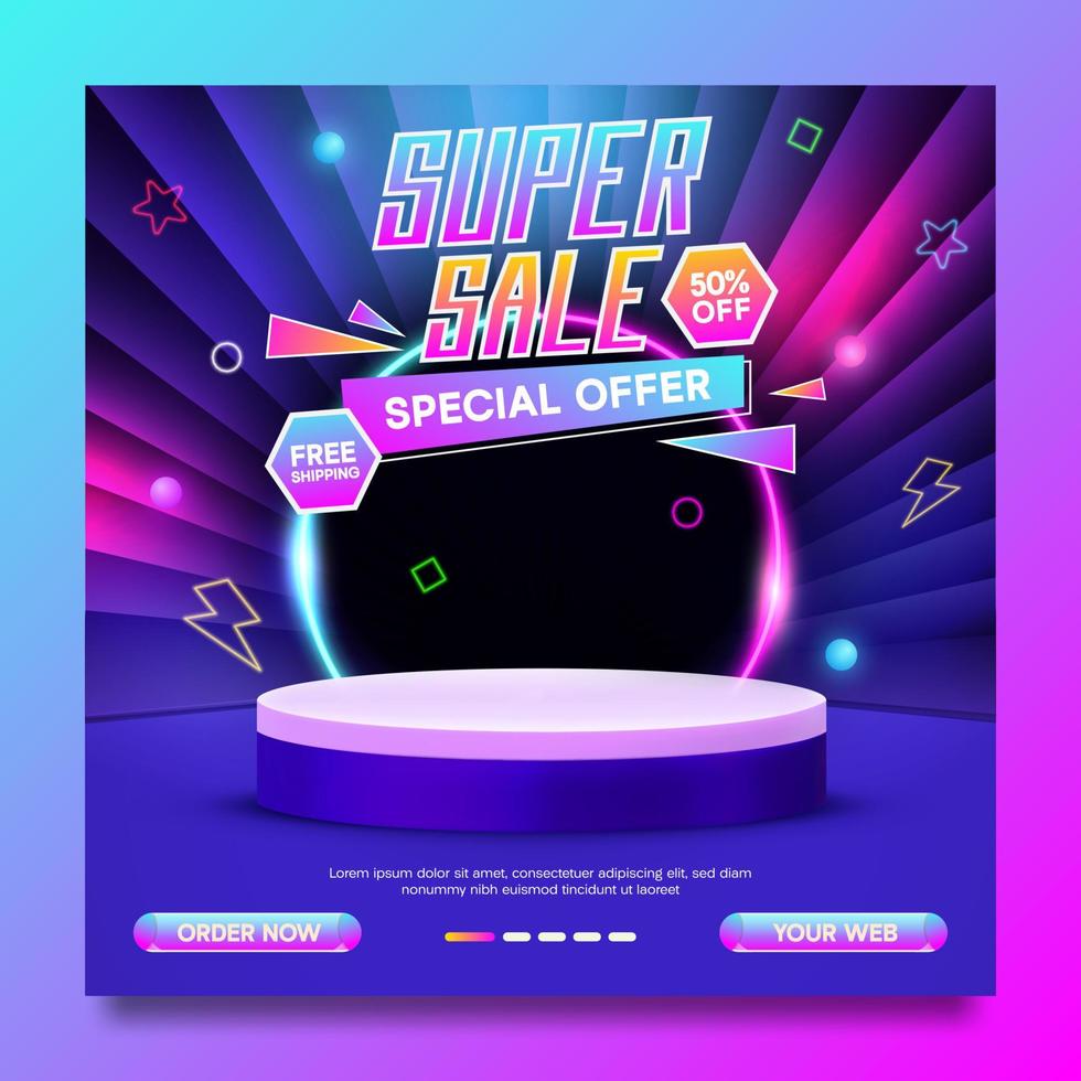 Super sale promo banner neon style template on abstract background vector