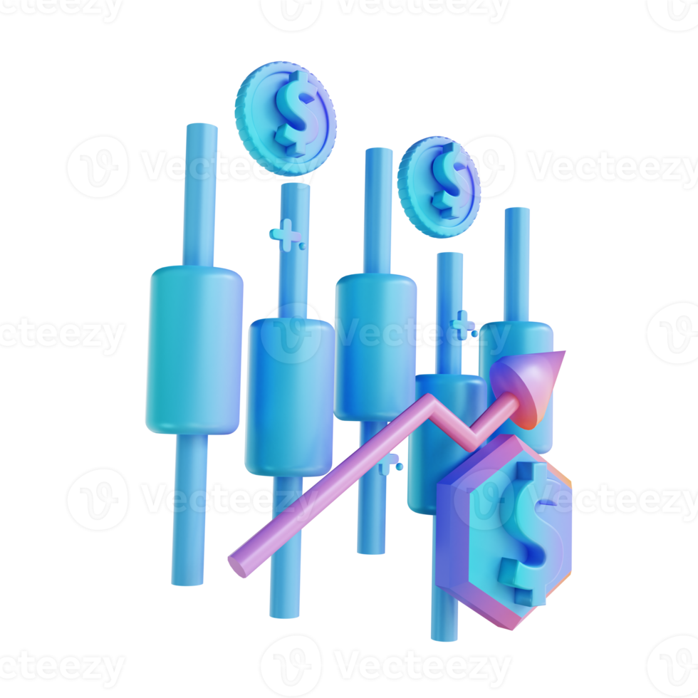 3D illustration colorful money rising candlestick chart png