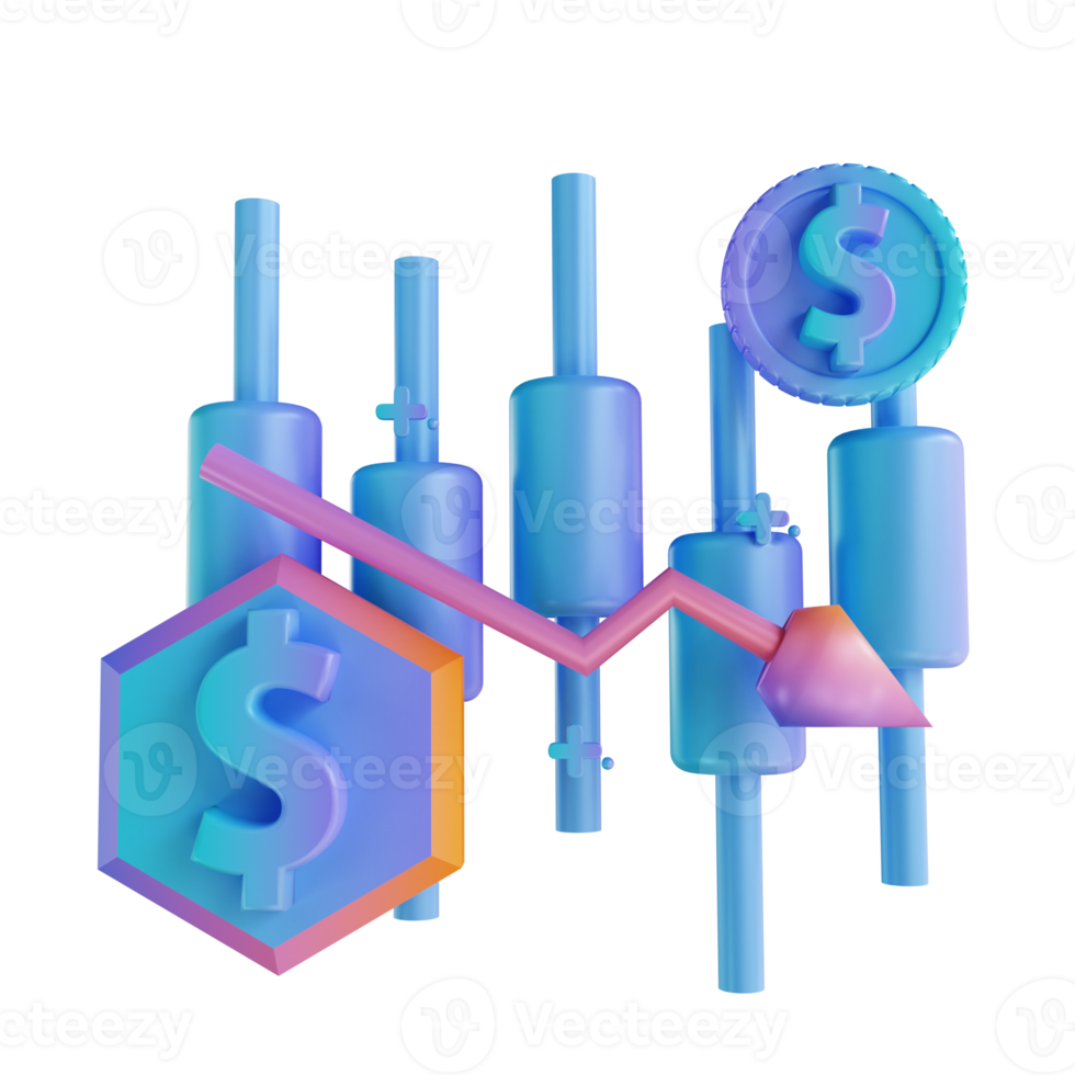 3d illustratie kleurrijke geld naar beneden kandelaar grafiek png