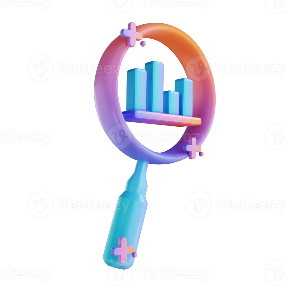 3D illustration colorful magnifying glass and graph png
