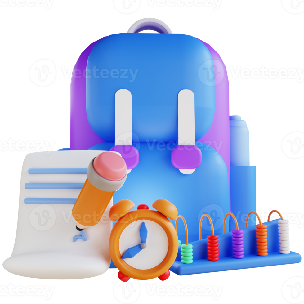 3D illustration backpack abacus and note for education png