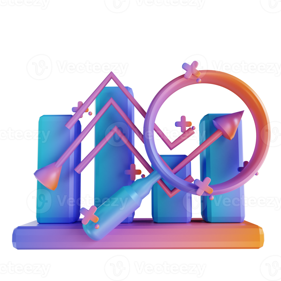 3D illustration colorful data graph rising and magnifying glass png