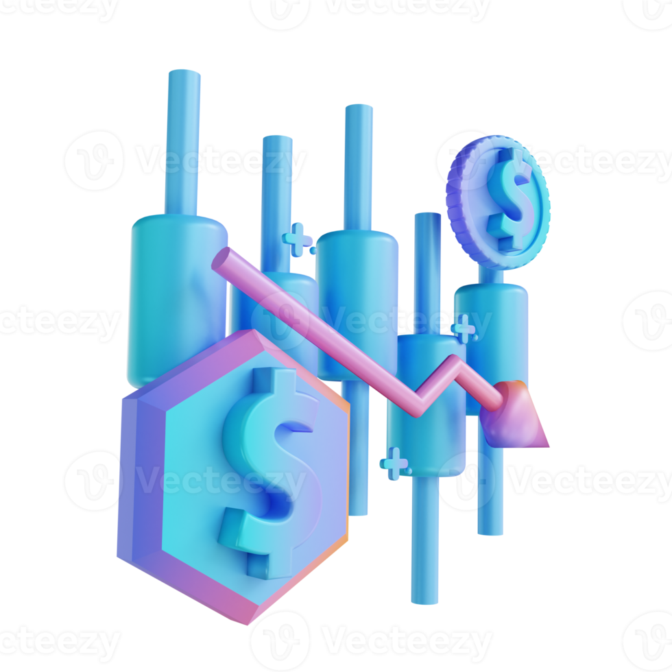 3D illustration colorful money down candlestick chart png