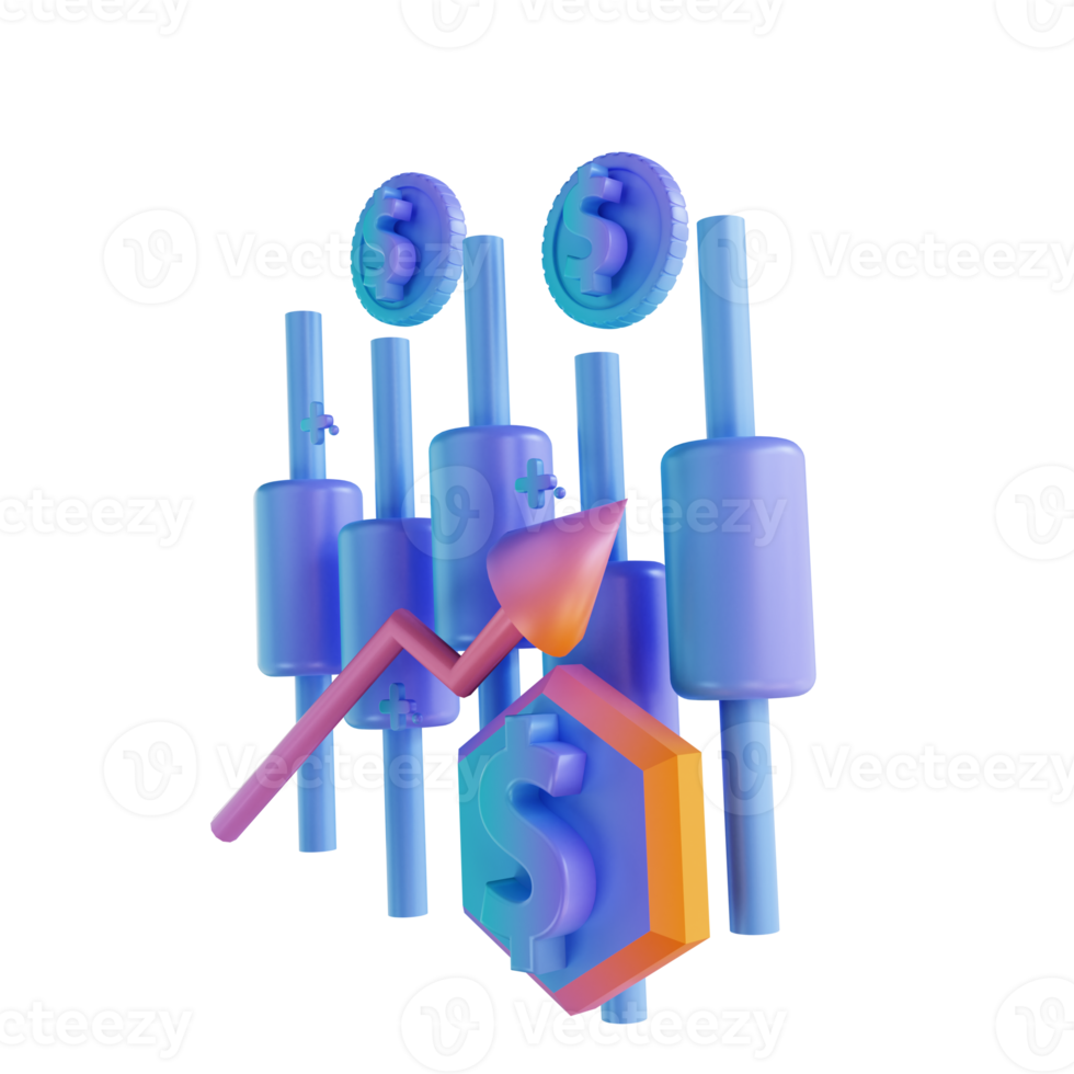 3D illustration colorful money rising candlestick chart png