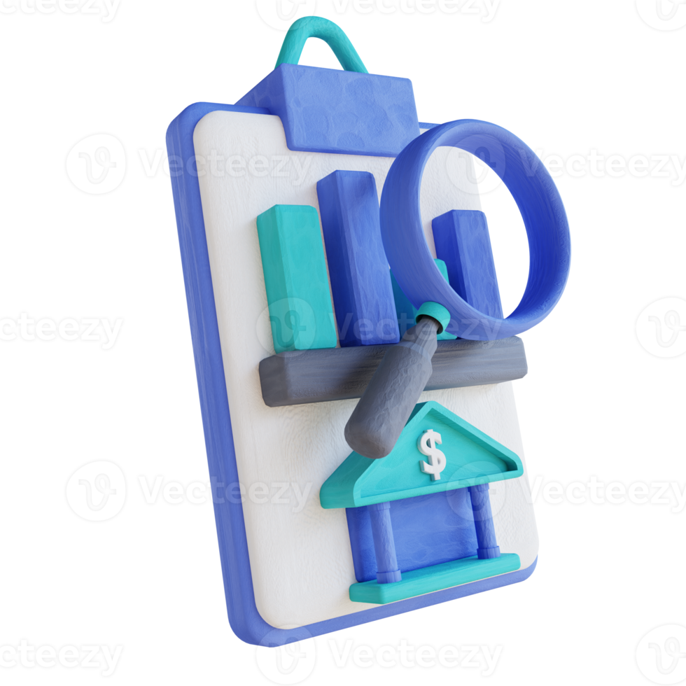 3D illustration magnifying glass and bank data analysis png