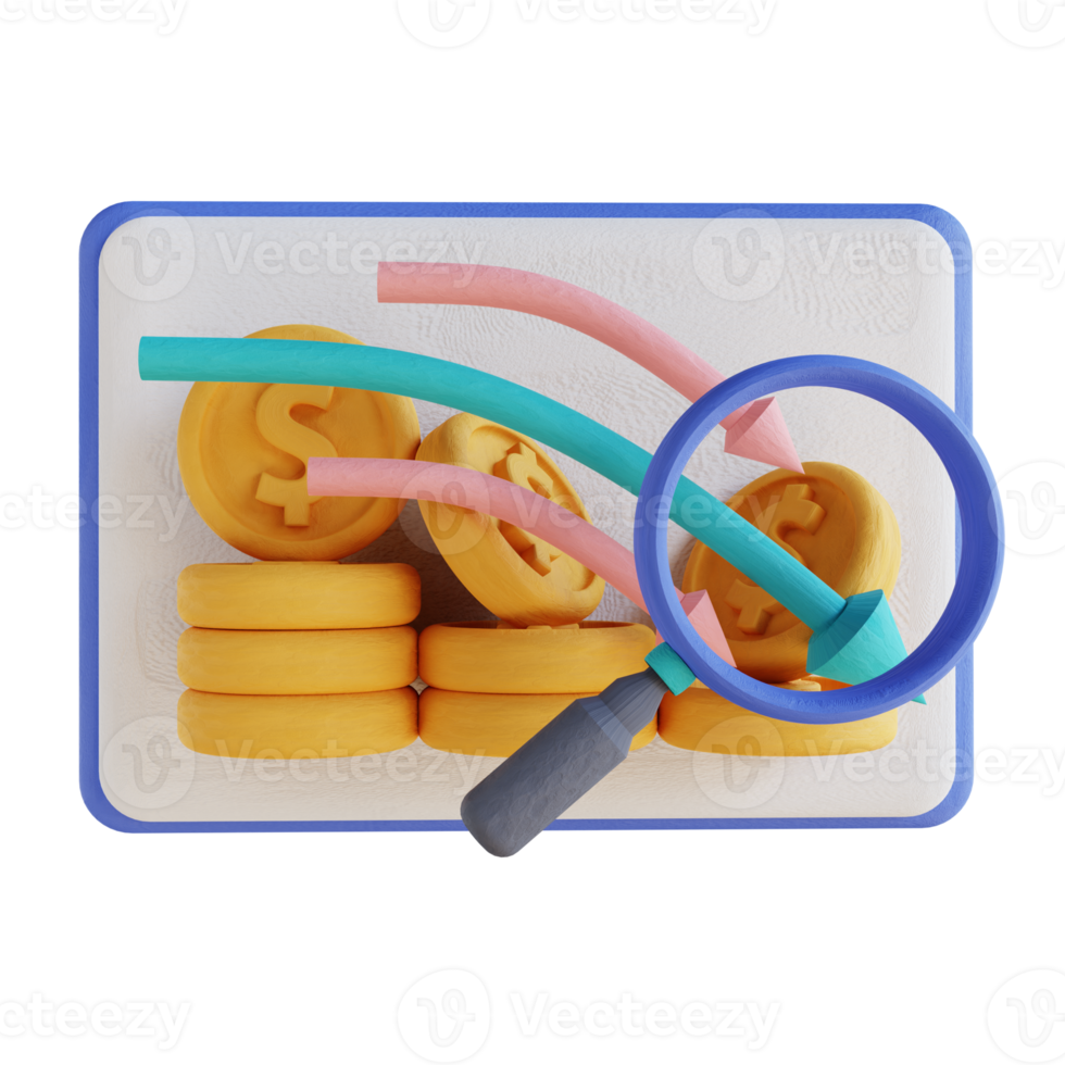 3D illustration magnifying glass and money chart drop presentation png