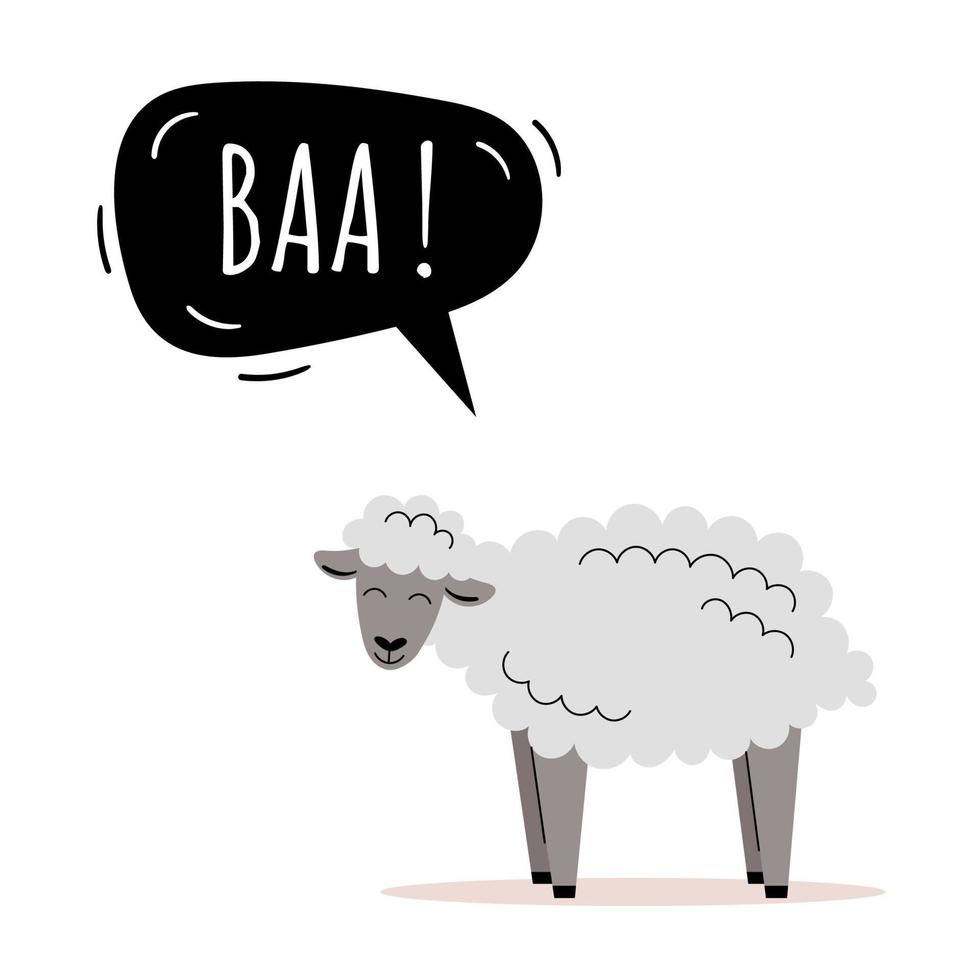 The cute sheep says baa. Farm animals. Speech bubble, children's cards, children's teaching. Flat vector illustration