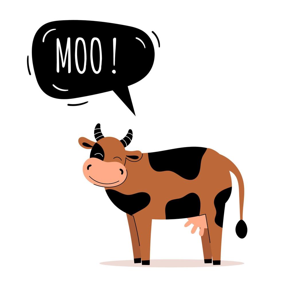 A cute cow says moo. Farm animals. Speech bubble, children's cards, children's teaching. Flat vector illustration