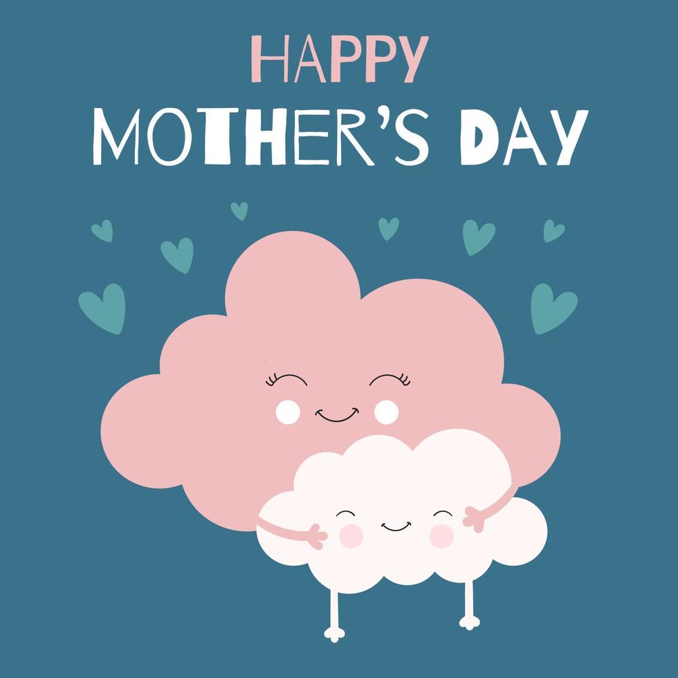 tarjeta de felicitación del día de la madre. linda mamá nube con un bebé nube en sus brazos. ilustración de personajes en estilo plano vector