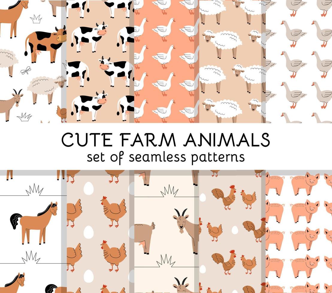 Set of Seamless patterns with cute farm animals and birds. Cow, sheep, horse, pig, goat, donkey, chicken. Wallpaper, packaging. Flat vector illustration.