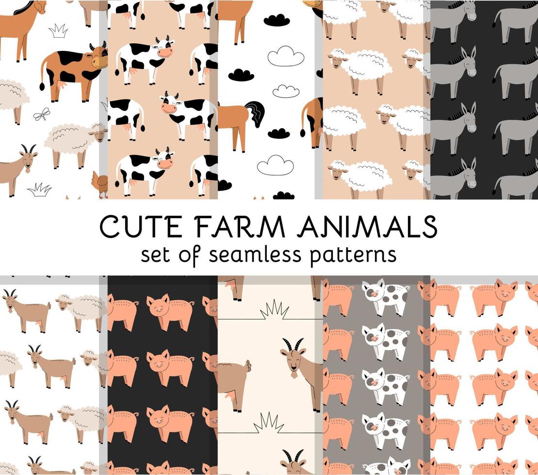 Set of Seamless patterns with cute farm animals and birds. Cow, sheep, horse, pig, goat, donkey, chicken. Wallpaper, packaging. Flat vector illustration.