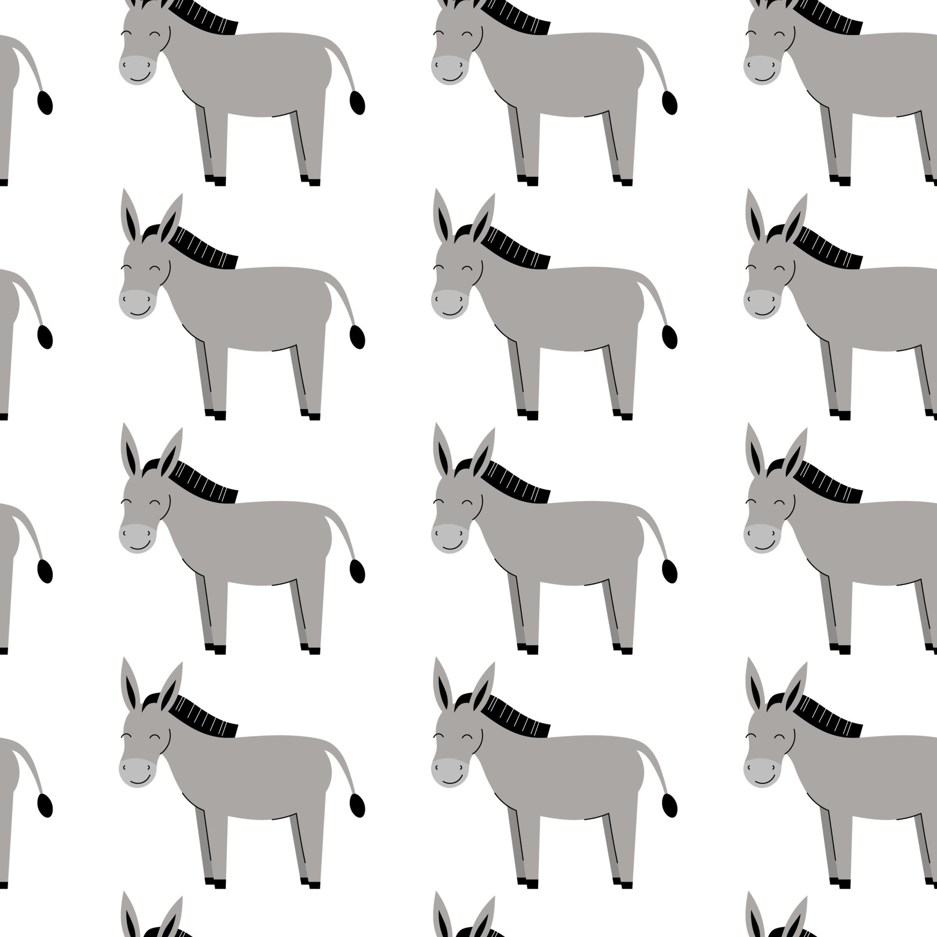 Seamless pattern with cute gray donkeys. Background with farm animals