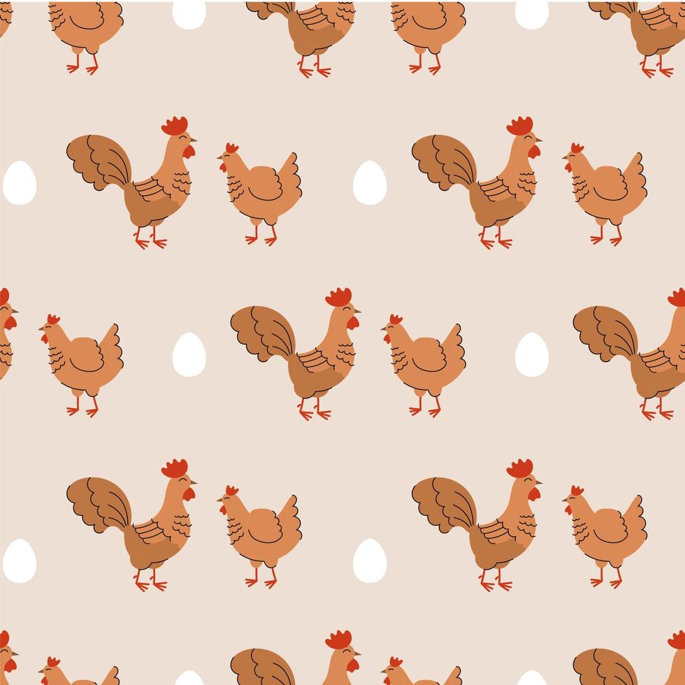 Seamless pattern with cute hens and roosters. Background with farm animals and birds. Wallpaper, packaging. Flat vector illustration.