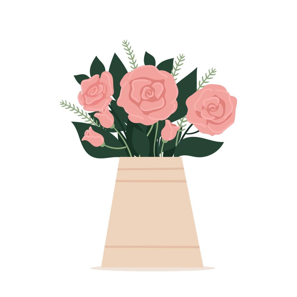 hermoso jarrón elegante con un ramo de flores. tarjeta de felicitación. día de la madre, día internacional de la mujer, cumpleaños. Ilustración de vector plano de resorte aislado sobre fondo blanco.