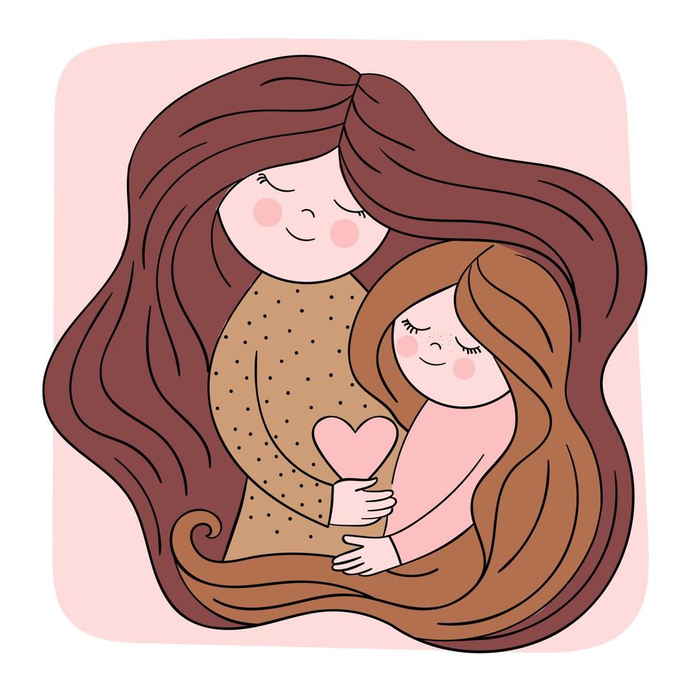 madre e hija en un abrazo. concepto para el día de la madre, familia, amor, tarjeta de felicitación. linda ilustración con personas vector