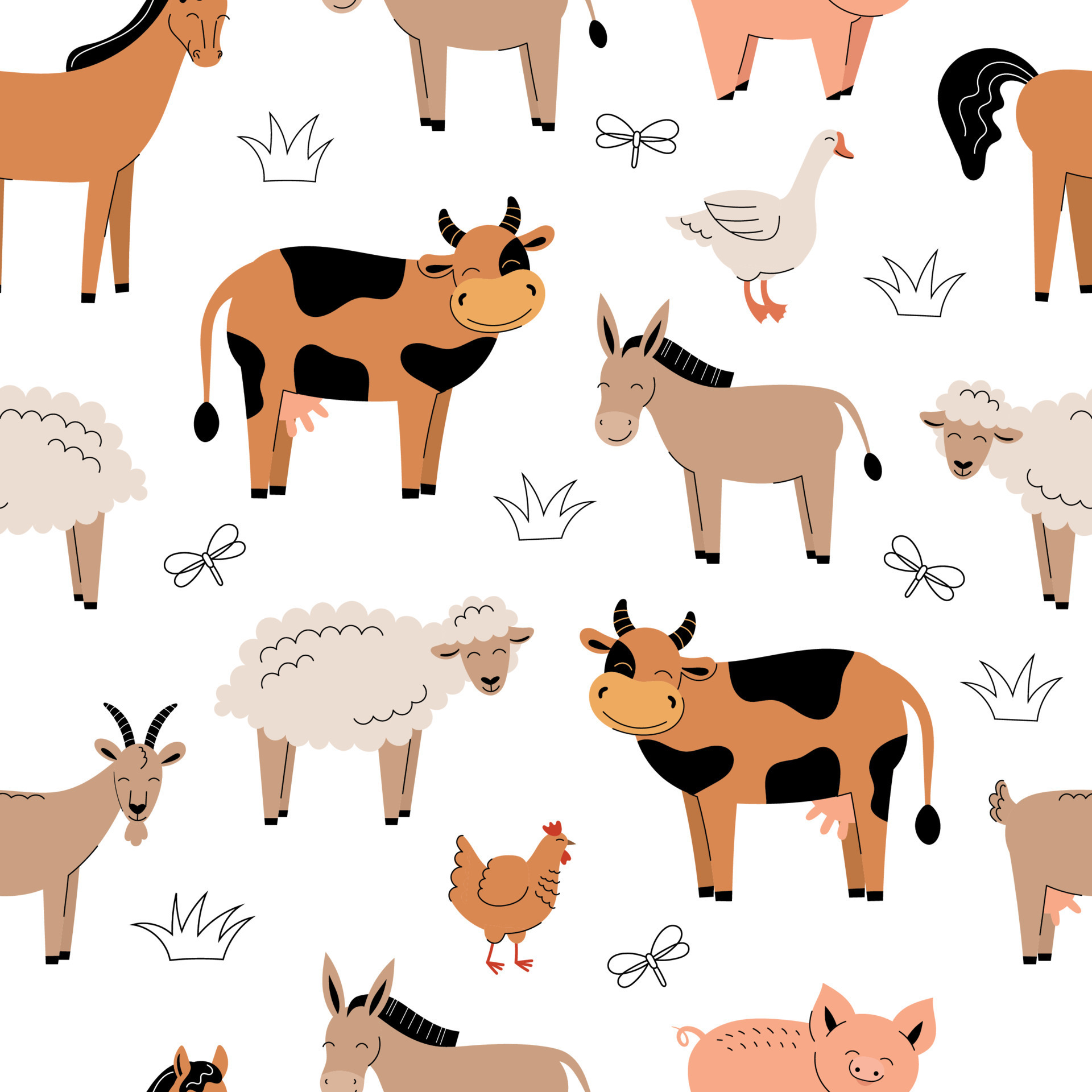 Seamless pattern with cute farm animals on a white background. Cow